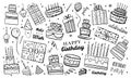 Set of stylized birthday cakes, gift boxes, balloons and decorations. Hand drawn cartoon vector sketch isolated illustration Royalty Free Stock Photo